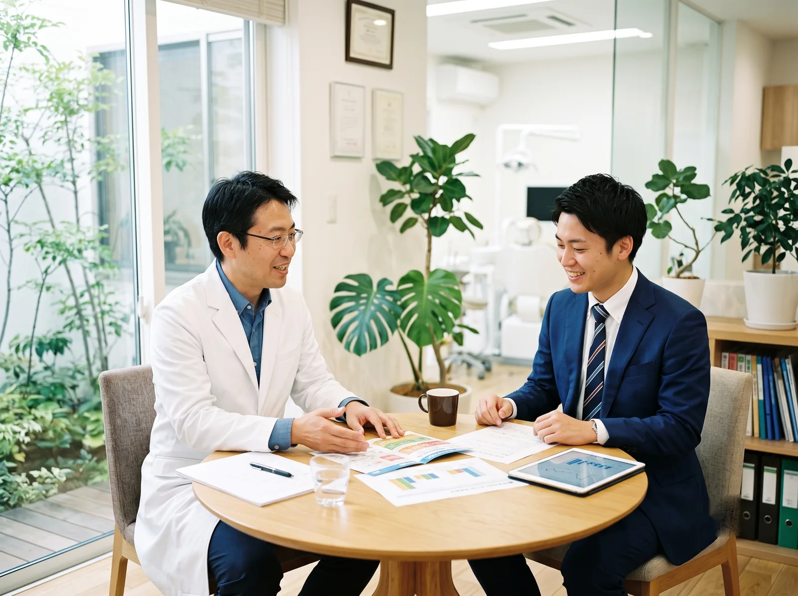 明るい院内で院長と担当者が資料を挟んで対話するシーン